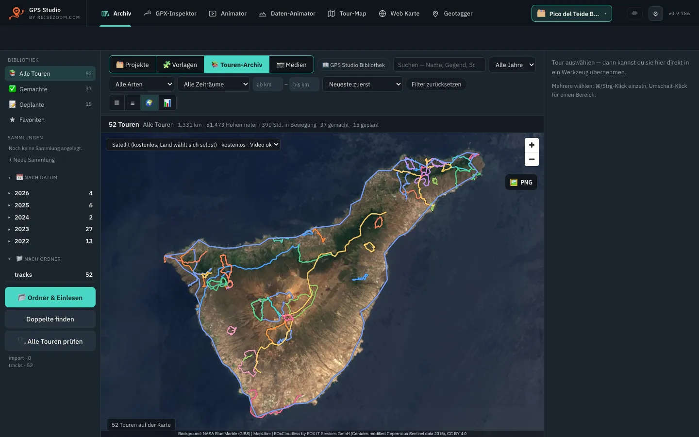 Map view: all tours at a glance, each in its own colour.
