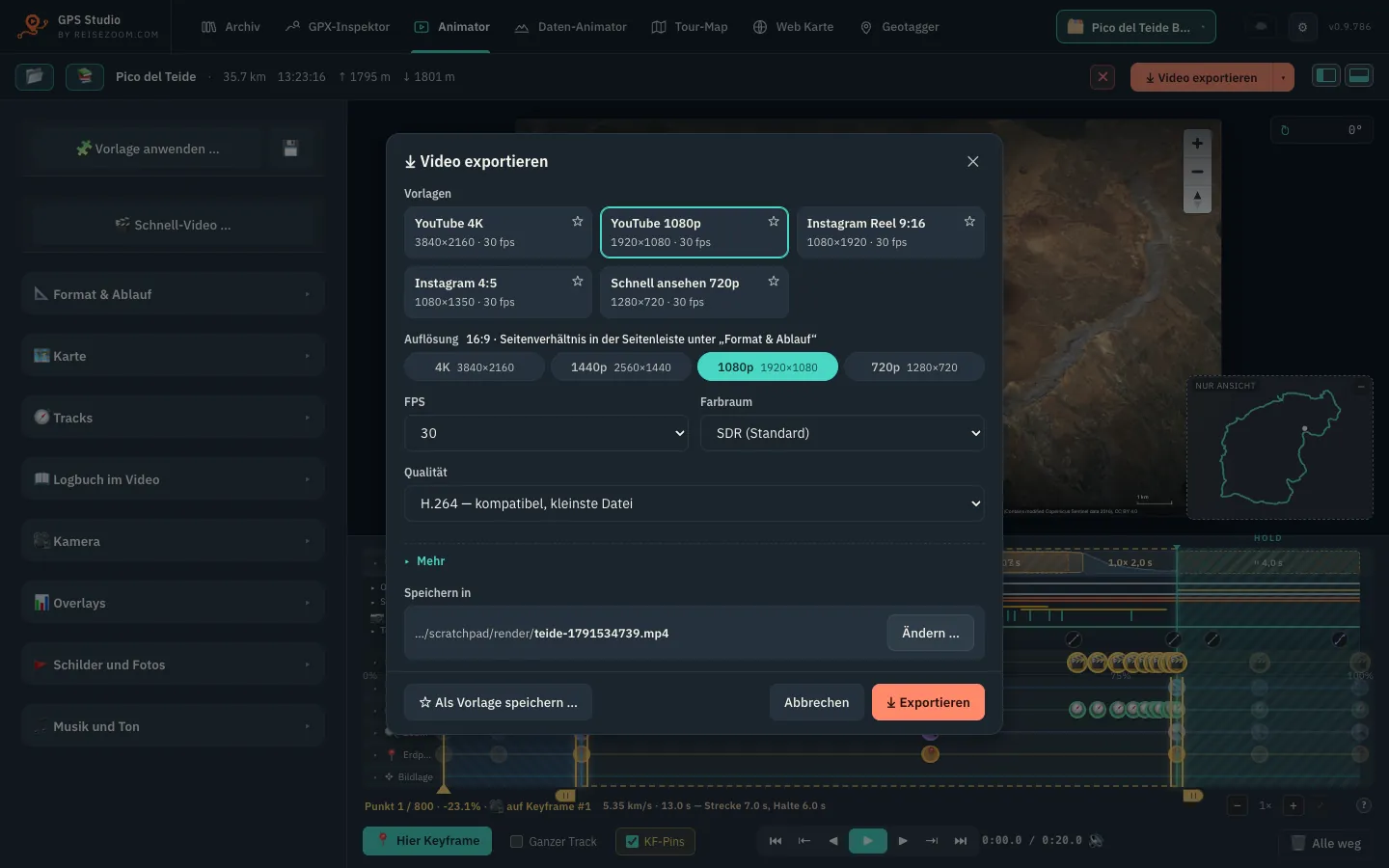 Export: presets for YouTube and Instagram, up to 4K, 24–60 fps, H.264, H.265 or ProRes.