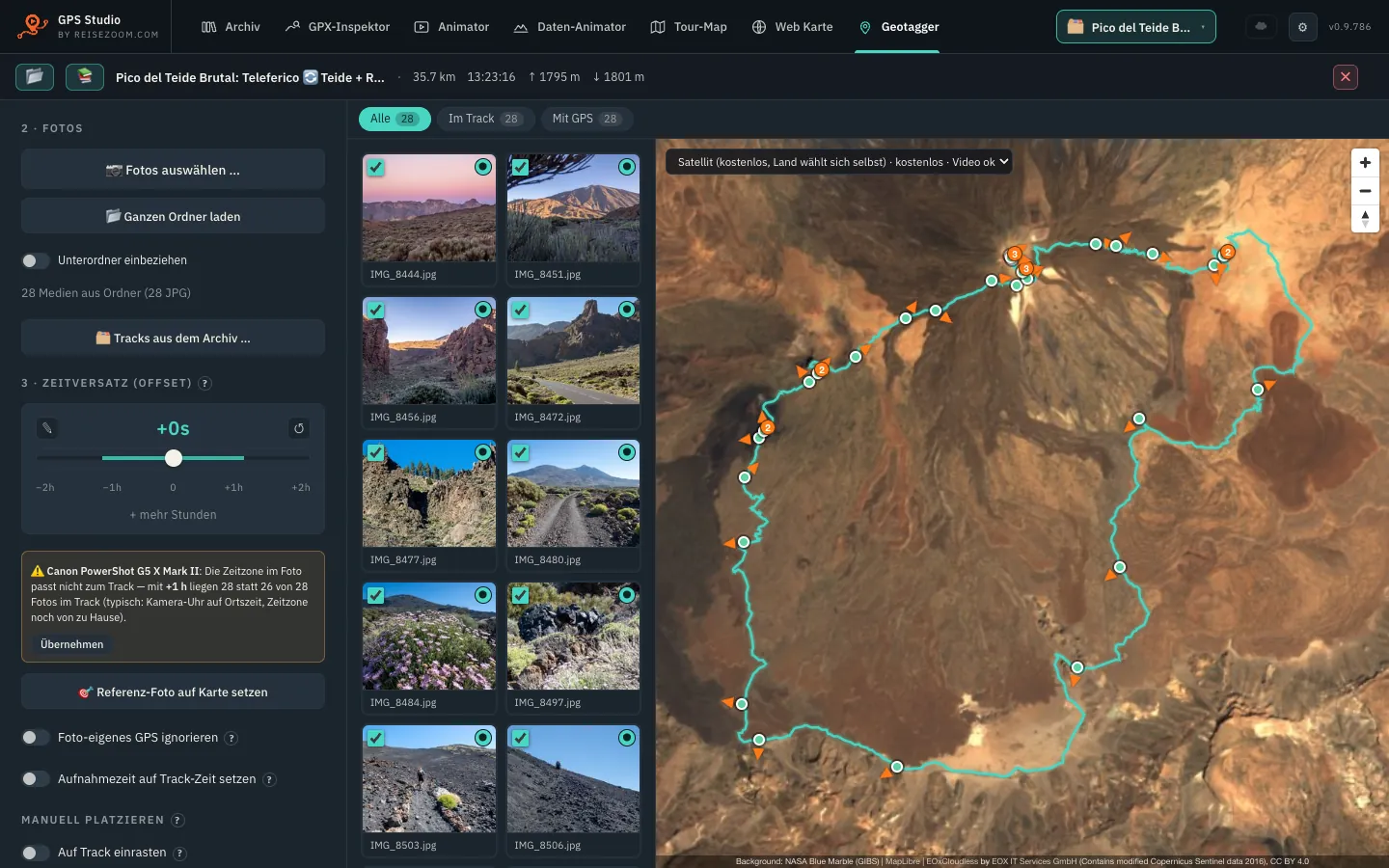 Then every photo sits at its spot on the route — photos on the left, markers on the aerial image.
