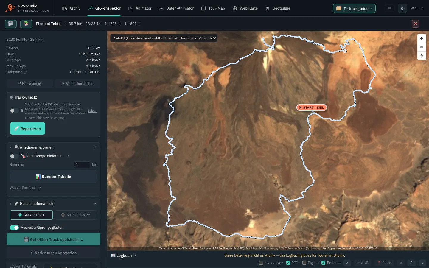 The GPX Inspector with the Teide tour: track check and tools on the left, every point on the aerial image.