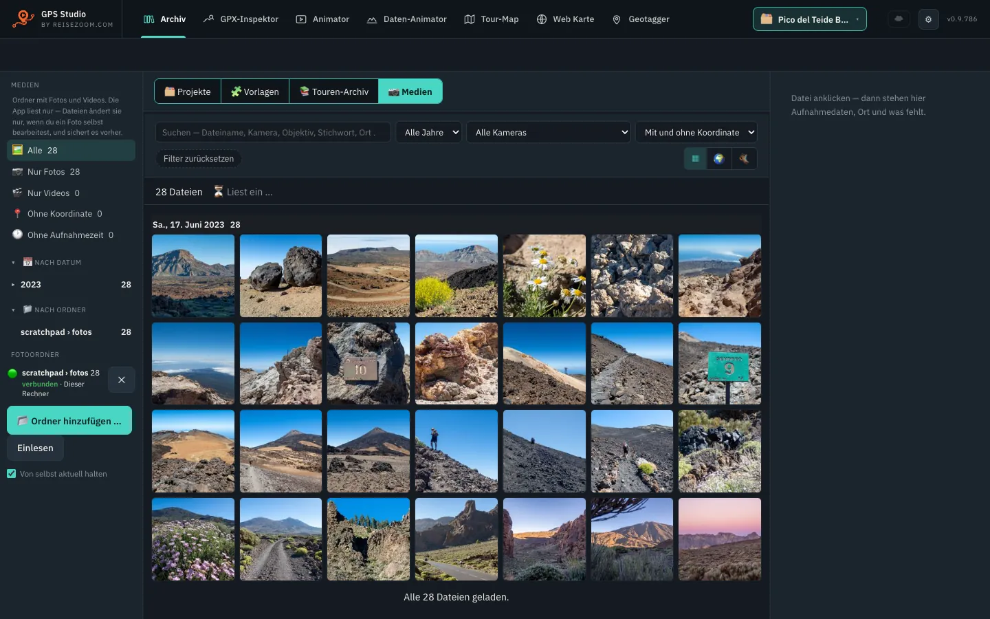Media: your photos and videos by day, folder or on the map — here the Teide photos.
