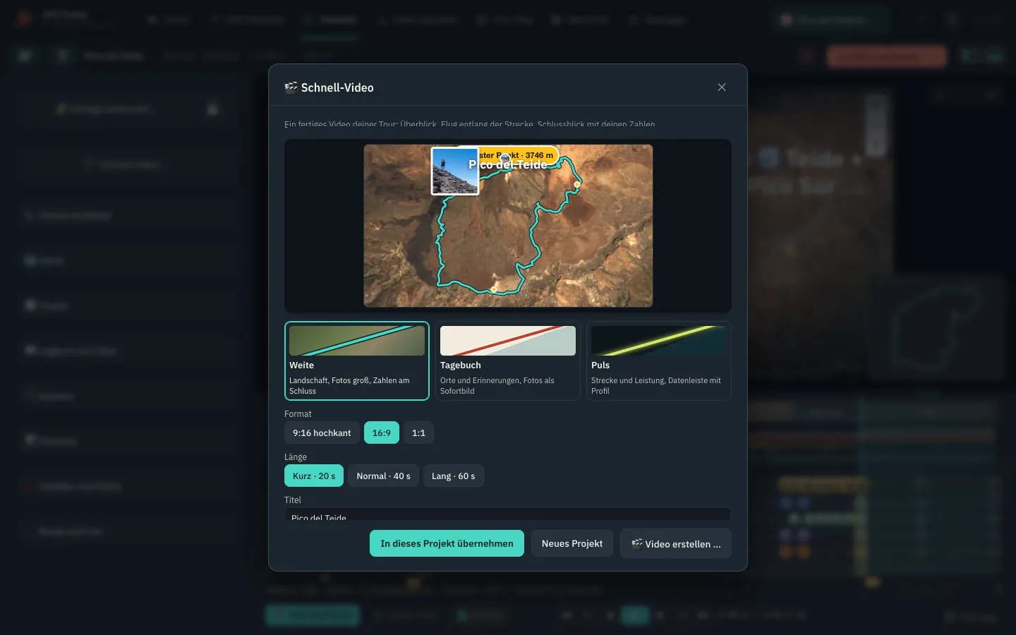 Quick video: three templates, format, length, title, photos — done.