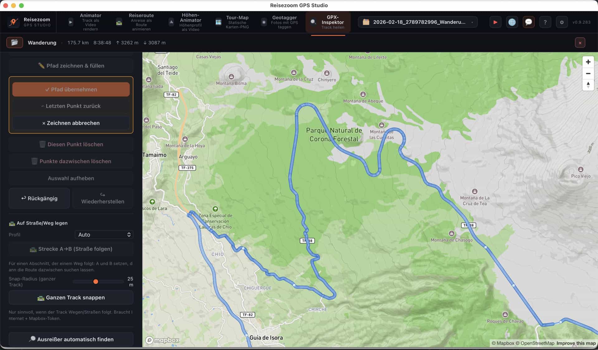 Derselbe Track im GPX-Inspektor nach Korrektur — die Linie liegt wieder auf dem richtigen Weg