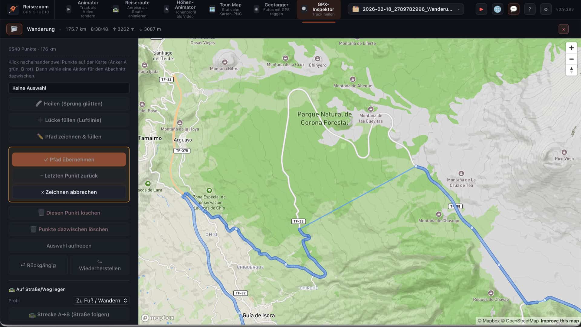 Reisezoom GPS Studio GPX-Inspektor zeigt einen Track mit deutlich sichtbarem GPS-Aussetzer auf der Karte
