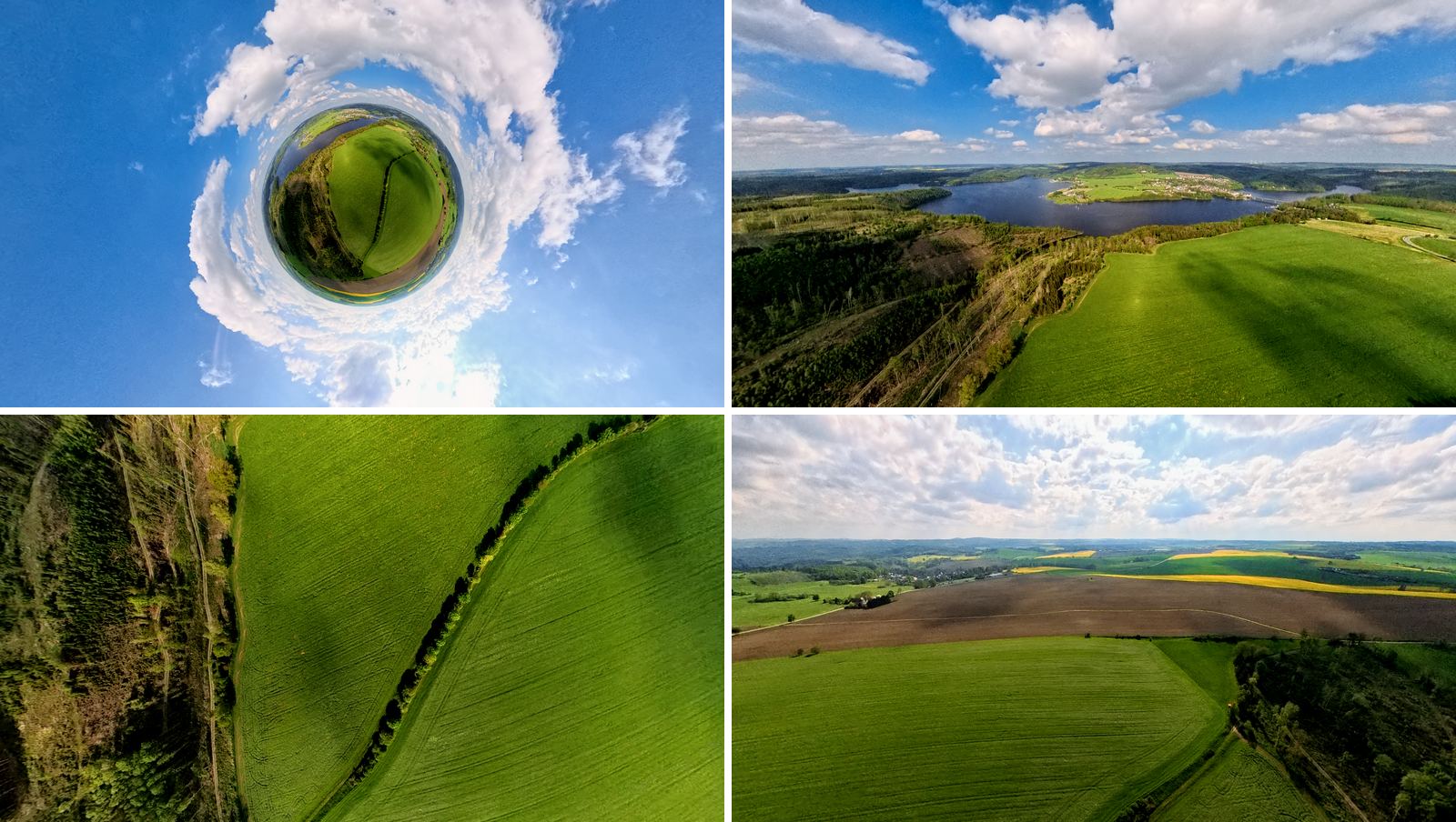 Vier verschiedene Reframes aus einer einzigen 360°-Aufnahme der Antigravity A1: Tiny Planet, Weitwinkel und Top-Down