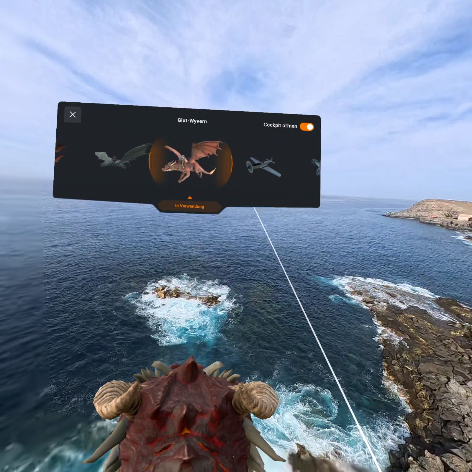 Virtuelles Cockpit der Antigravity A1: Auswahl Glut-Wyvern – Flug auf einem Drachen über der Küste