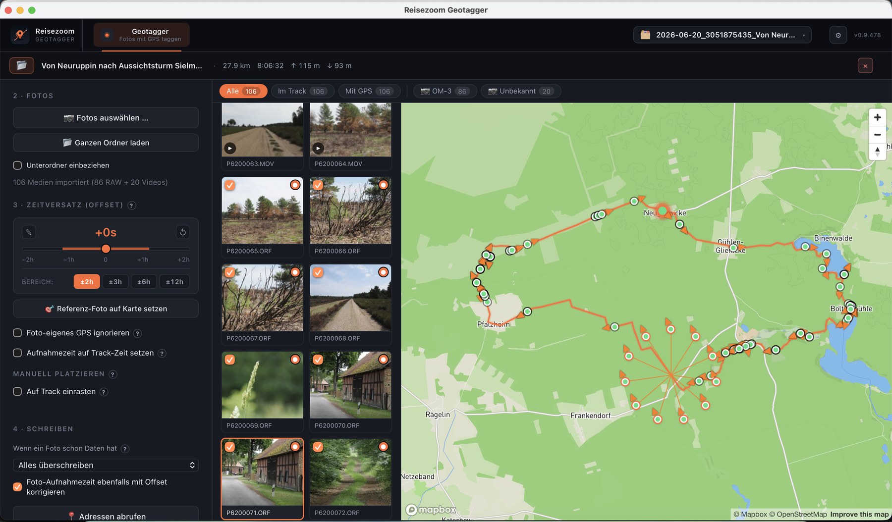 Reisezoom Geotagger Solo-App: Foto-Kacheln, GPX-Track auf der Karte und Offset-Einstellungen
