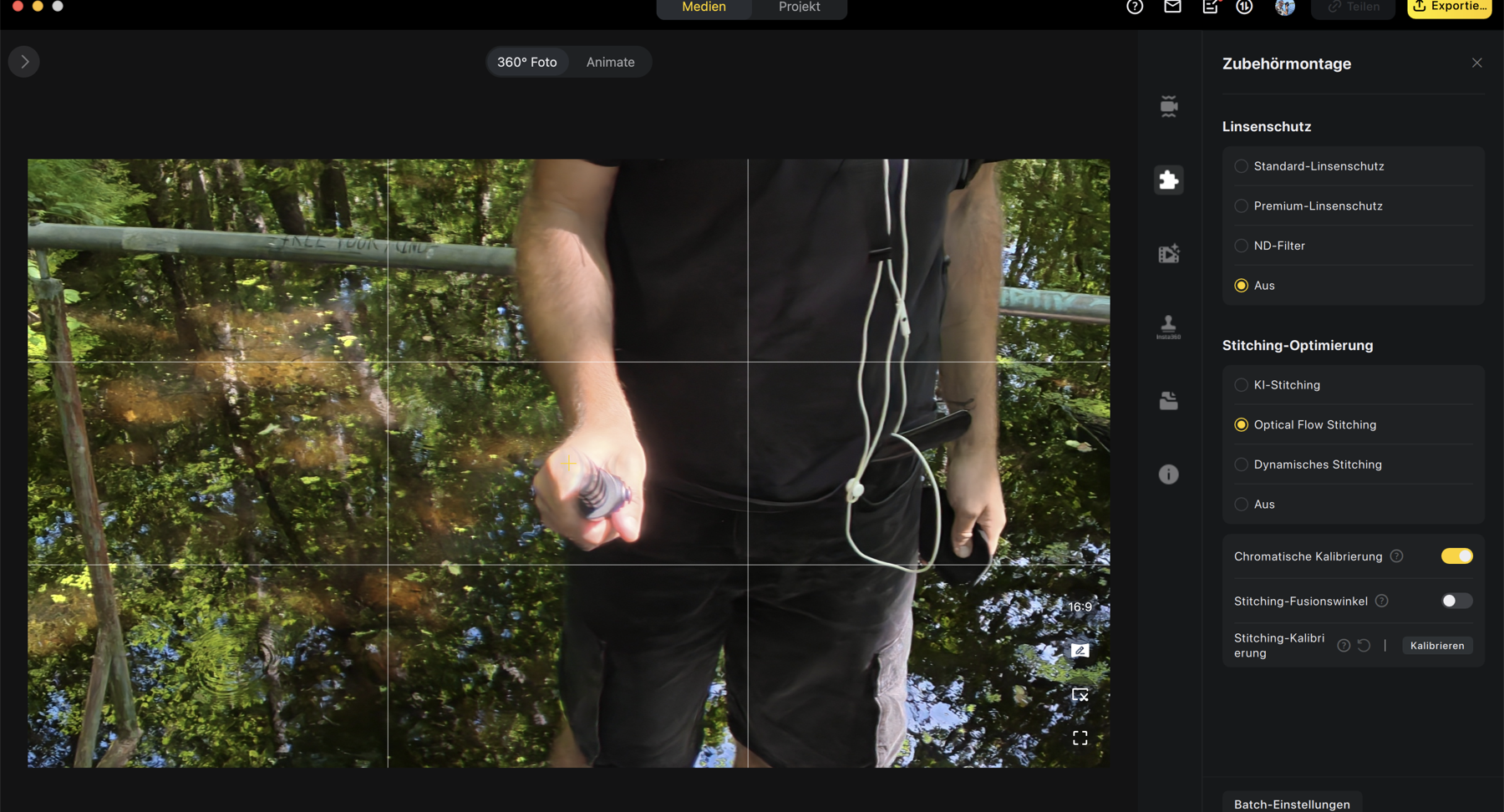 Insta360 Studio mit geöffnetem Menü Stitching-Optimierung und den Optionen KI-Stitching, Optical Flow, dynamisches Stitching