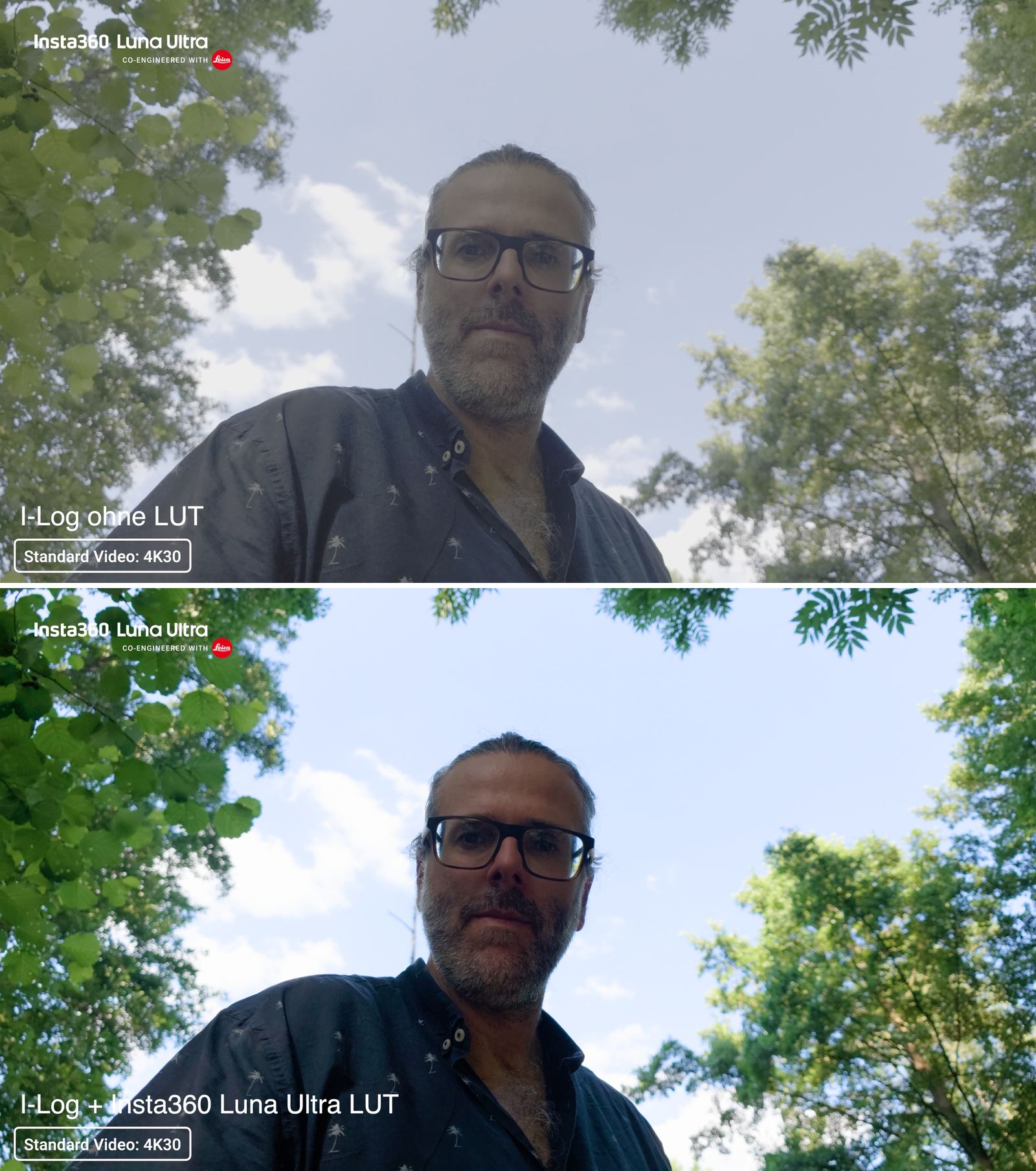 i-Log-Vergleich der Insta360 Luna Ultra: flaches i-Log-Material ohne LUT vs. mit offizieller Luna Ultra LUT