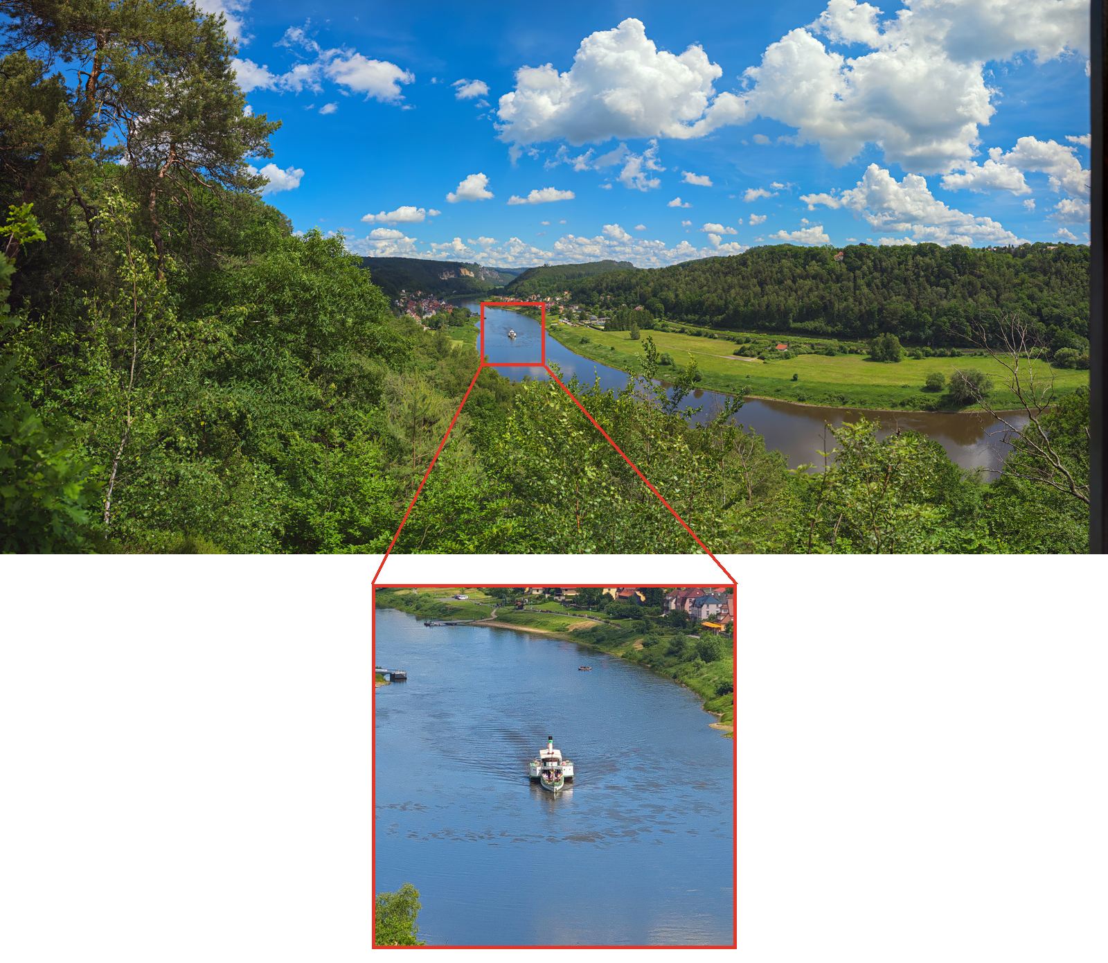 200-MP-Leica-Panorama der Insta360 Luna Ultra mit markiertem Ausschnitt: ein Raddampfer auf der Elbe in voller Aufloesung