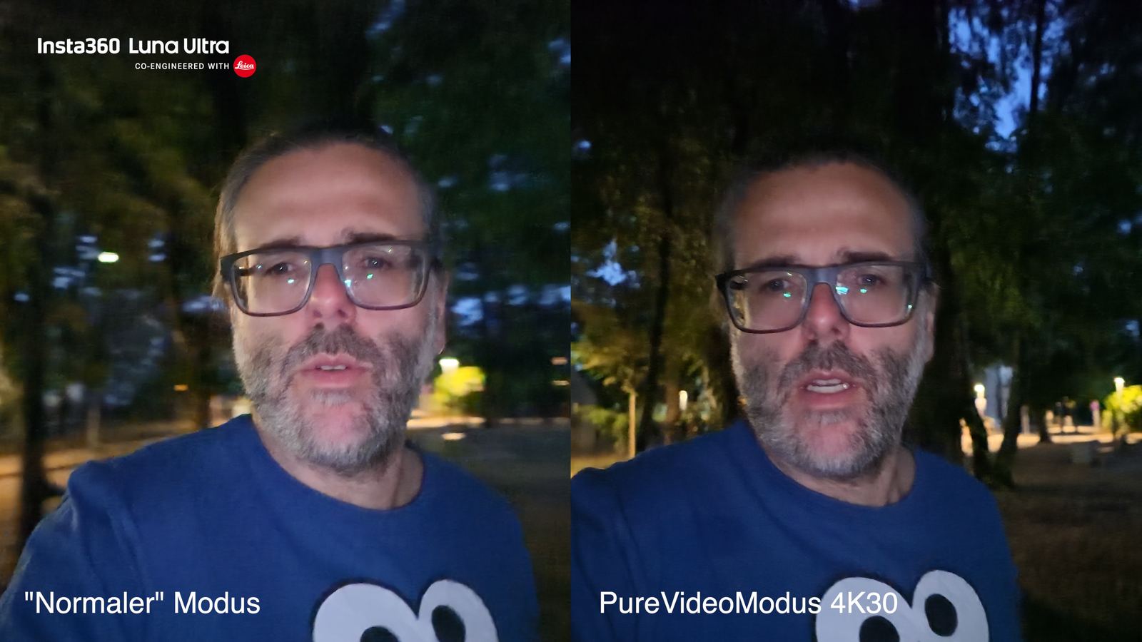Low-Light-Vergleich der Insta360 Luna Ultra bei Nacht: normaler Videomodus vs. PureVideo-Modus in 4K30