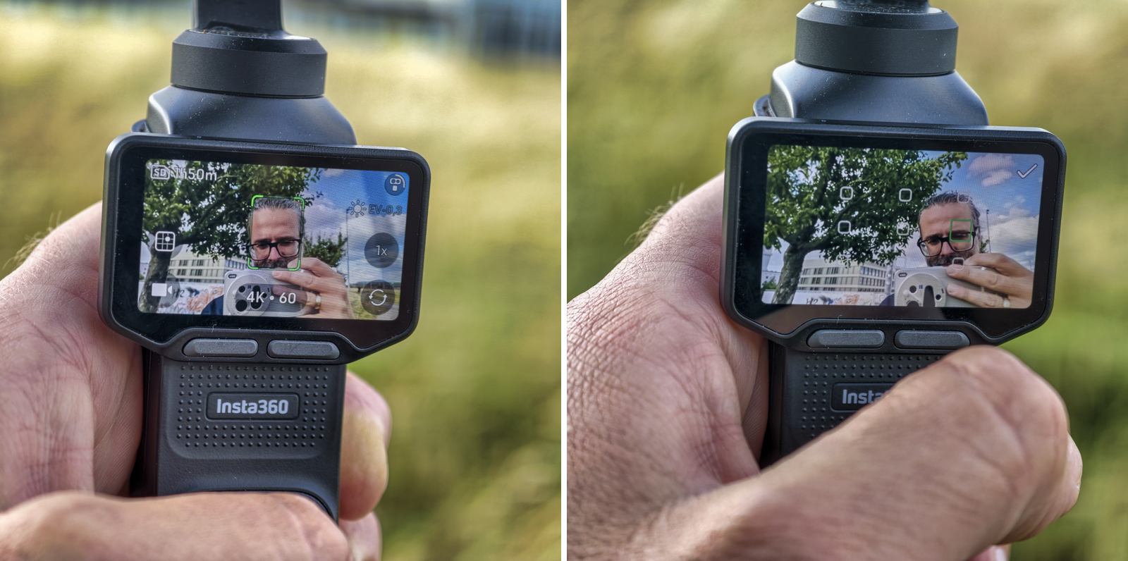 Insta360 Luna Ultra Steuerung mit Live-View: links aktiver Tracking-Rahmen, rechts das Smart-Framing-Raster