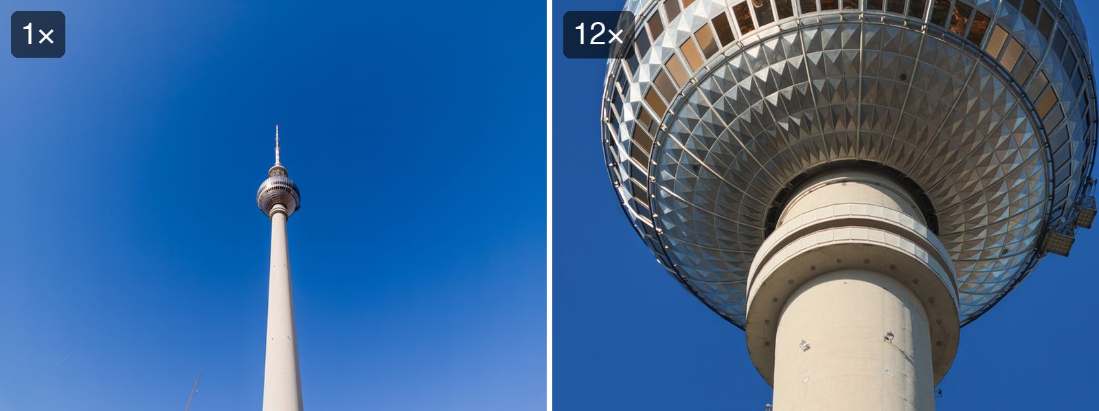 Zoom-Vergleich der Insta360 Luna Ultra am Berliner Fernsehturm: 1x Weitwinkel vs. 12x Zoom