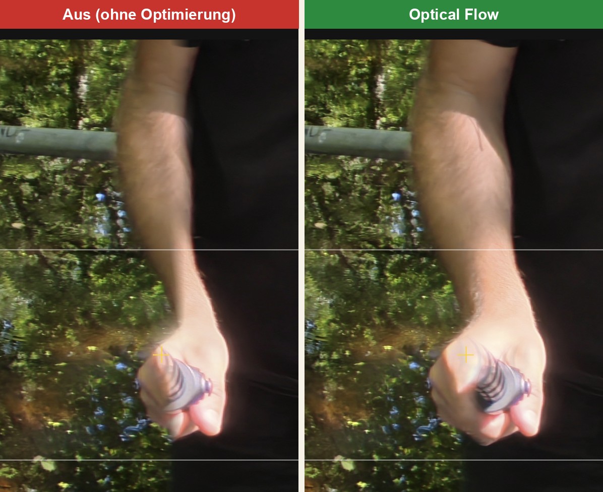 Vergleich desselben 360-Grad-Fotos am hochgehaltenen Arm: links ohne Optimierung mit stark verzerrtem, gebrochenem Unterarm, rechts mit Optical Flow sauber und natürlich