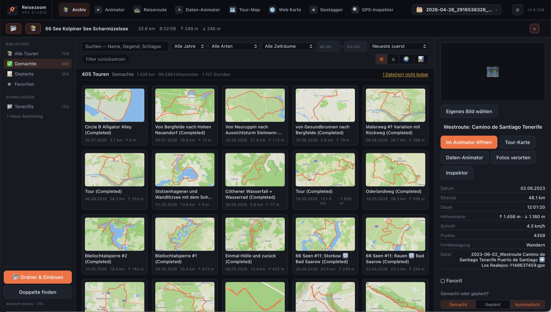 Archiv-Modul von Reisezoom GPS Studio in der Kachel-Ansicht: 709 eingelesene Touren mit Vorschaubildern, rechts die Detailspalte mit Sprung in den Animator