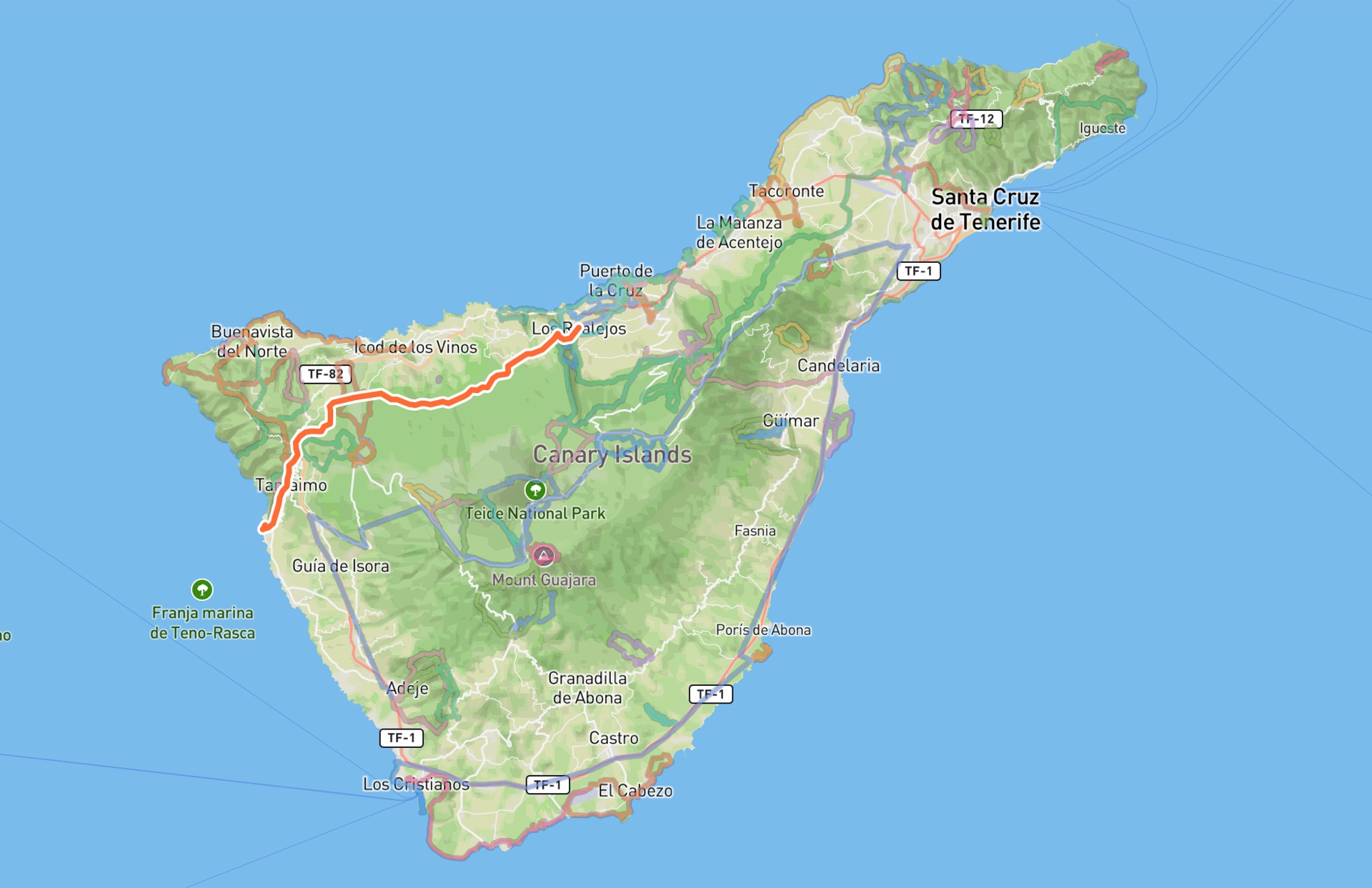 Als PNG gesicherte Übersichtskarte aus dem Archiv: alle Touren auf Teneriffa, jede Route in eigener Farbe