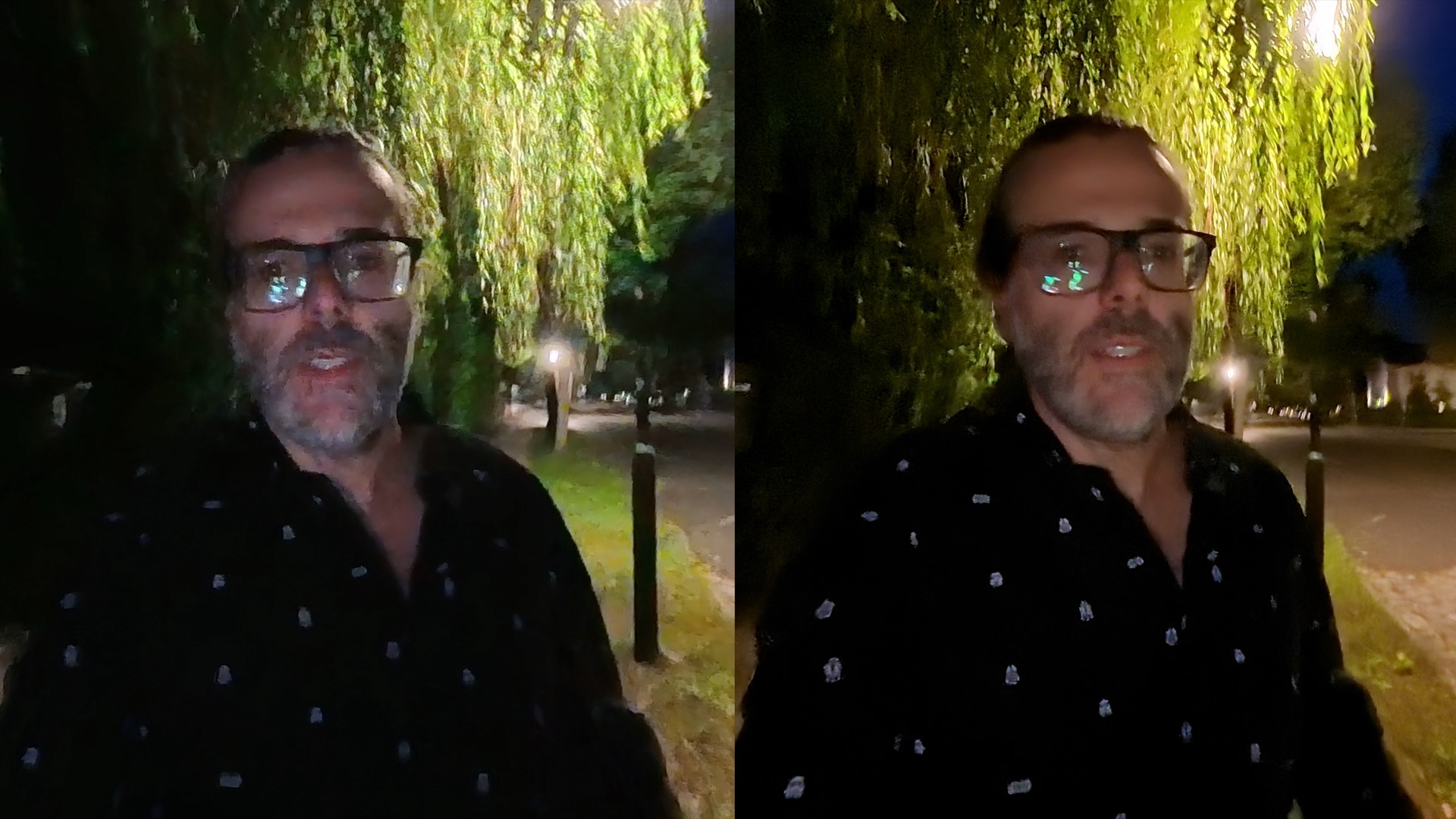Nachtaufnahme im PureVideo-Modus im Vergleich: links die Insta360 X5 mit flauem, leicht grieseligem Bild, rechts die X6 mit deutlich klarerem Gesicht und erkennbaren Blättern der Trauerweide