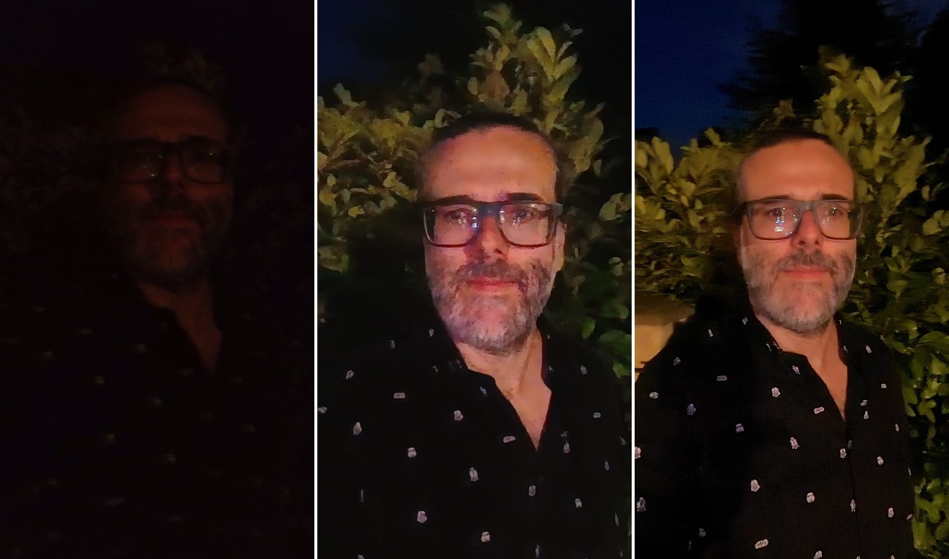 Nachtaufnahme im Vergleich: links die Insta360 X4 Air fast komplett schwarz, in der Mitte die X5 mit PureVideo sichtbar heller aber rauschig, rechts die X6 mit dem klarsten Bild samt erkennbarem Nachthimmel