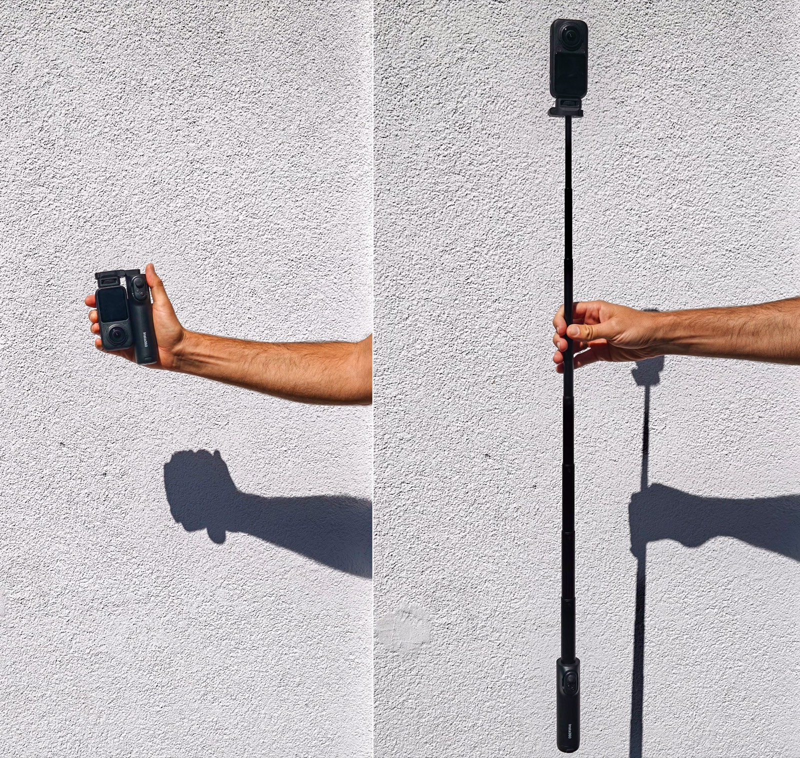 Der neue klappbare Selfiestick mit Fernbedienungs-Kit neben der Insta360 X6 — eingeklappt passt er in die Hosentasche