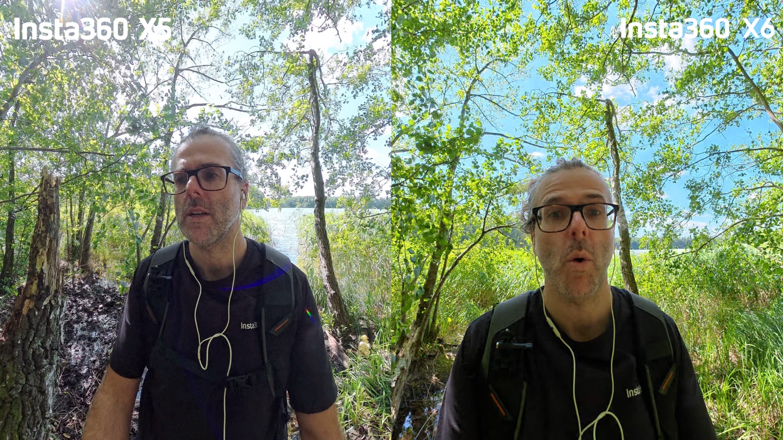 Vergleich des Dynamikumfangs: links Aufnahme der Insta360 X5 mit ausgefressenem weißen Himmel, rechts die Insta360 X6 mit sichtbarer Himmelszeichnung