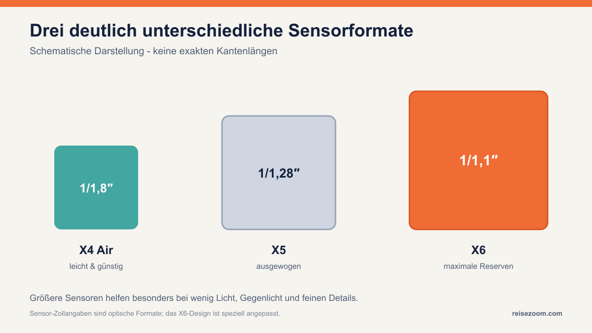 Schematischer Größenvergleich der Sensoren: X4 Air 1/1,8 Zoll, X5 1/1,28 Zoll, X6 1/1,1 Zoll