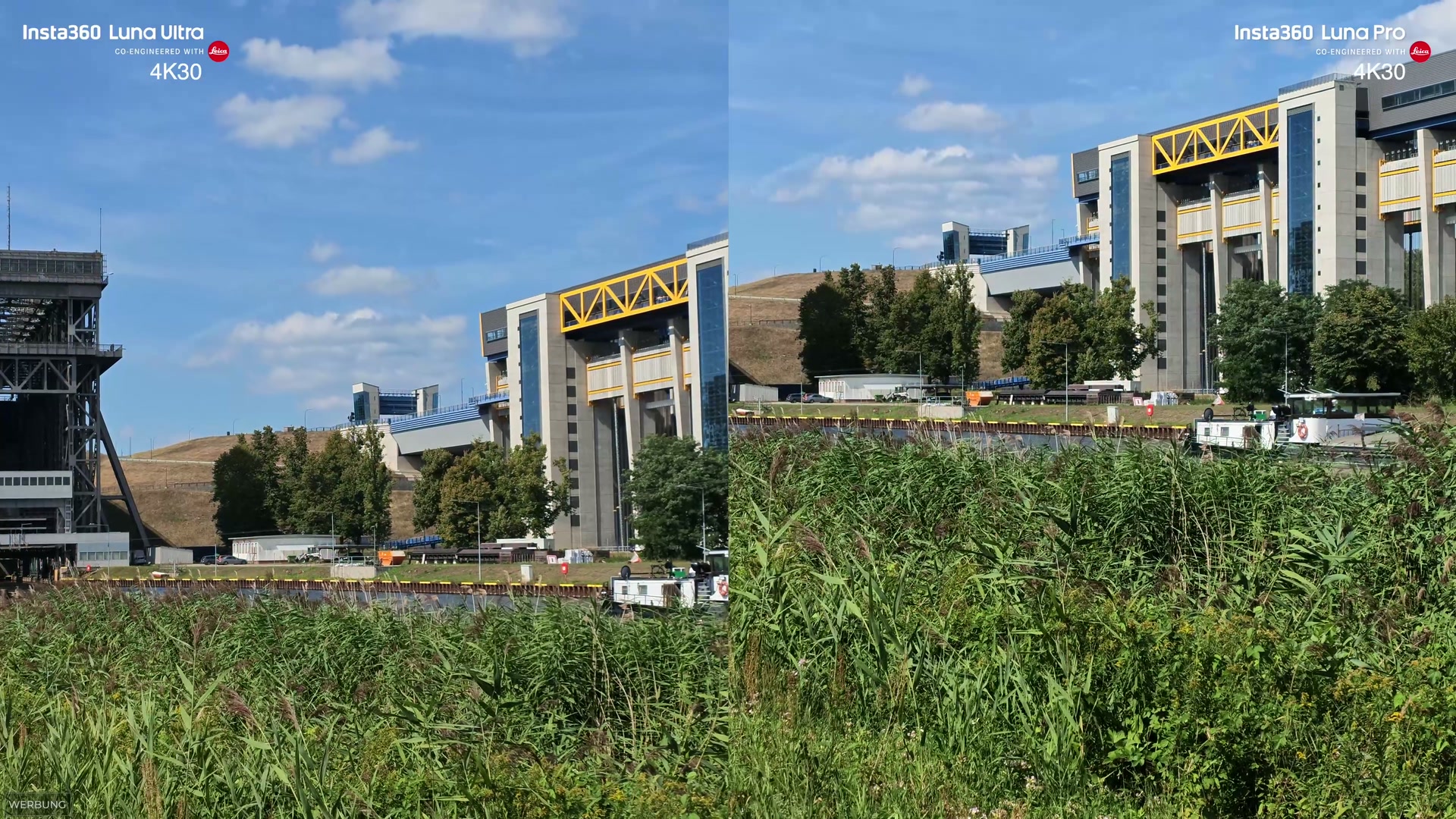 Ausgangslage am Schiffshebewerk: links die Luna Ultra, rechts die Luna Pro, beide in 4K30 bei zweifachem Zoom.