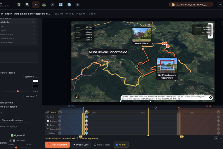 Reisezoom GPS Studio, Animator-Modul: Rundtour um die Schorfheide als Schwarm mehrerer Touren auf Satellitenkarte mit 3D-Gelände, Stats-Boxen, Fotos von Kloster Chorin und Schiffshebewerk Niederfinow und der Keyframe-Zeitleiste