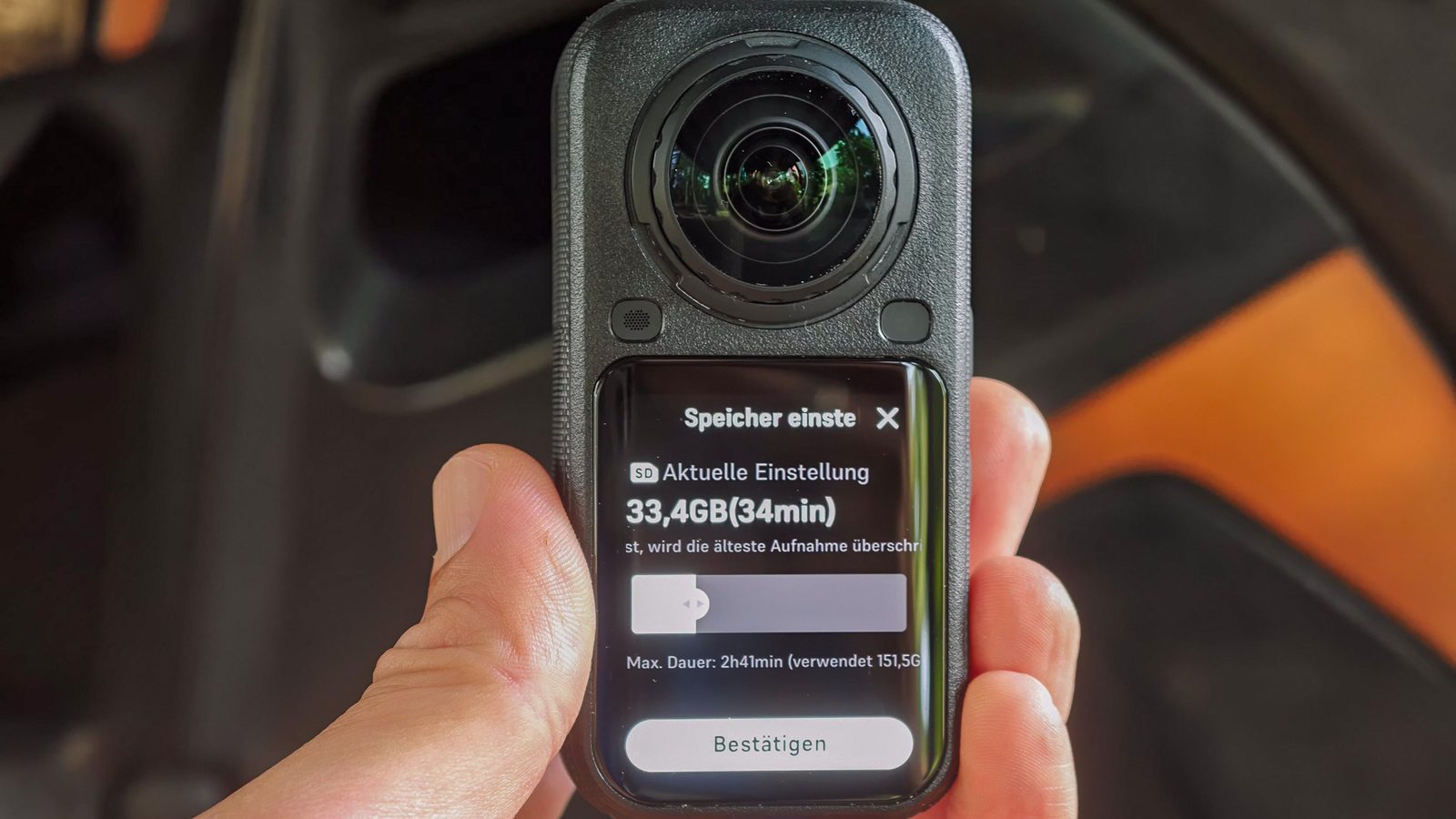 Speichereinstellung im Straßenmodus der Insta360 X6 im Auto, eingestellt sind 33,4 Gigabyte für 34 Minuten